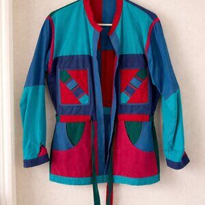 Vintage Colorblock Statement Jacket Retro 80s 90s Teal Blue Pink Oversized